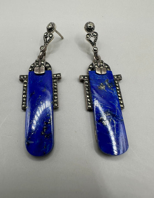Art Deco Lapis Marquisette Silver Earrings