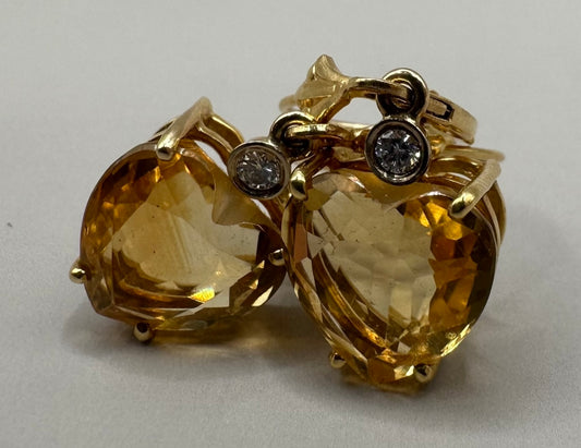 Diamond Heart Shaped Yellow Citrine Yellow Gold Earring