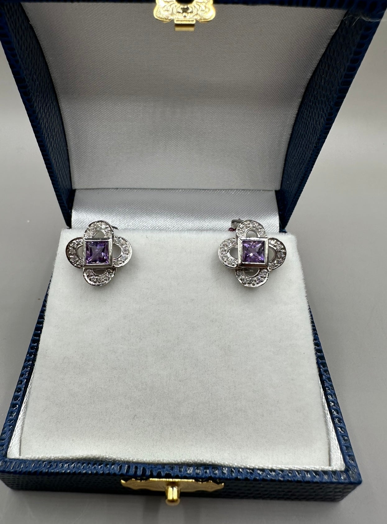 Amethyst and Diamond Studded White Gold Earrings