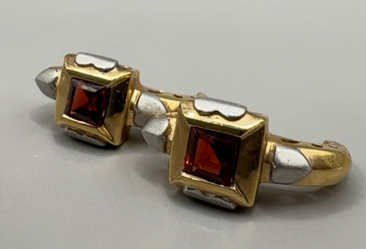 Square Garnett Yellow and White Gold Earrings