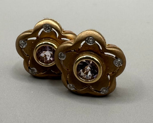 Flower Style Amethyst and Diamond Yellow Gold Earrings