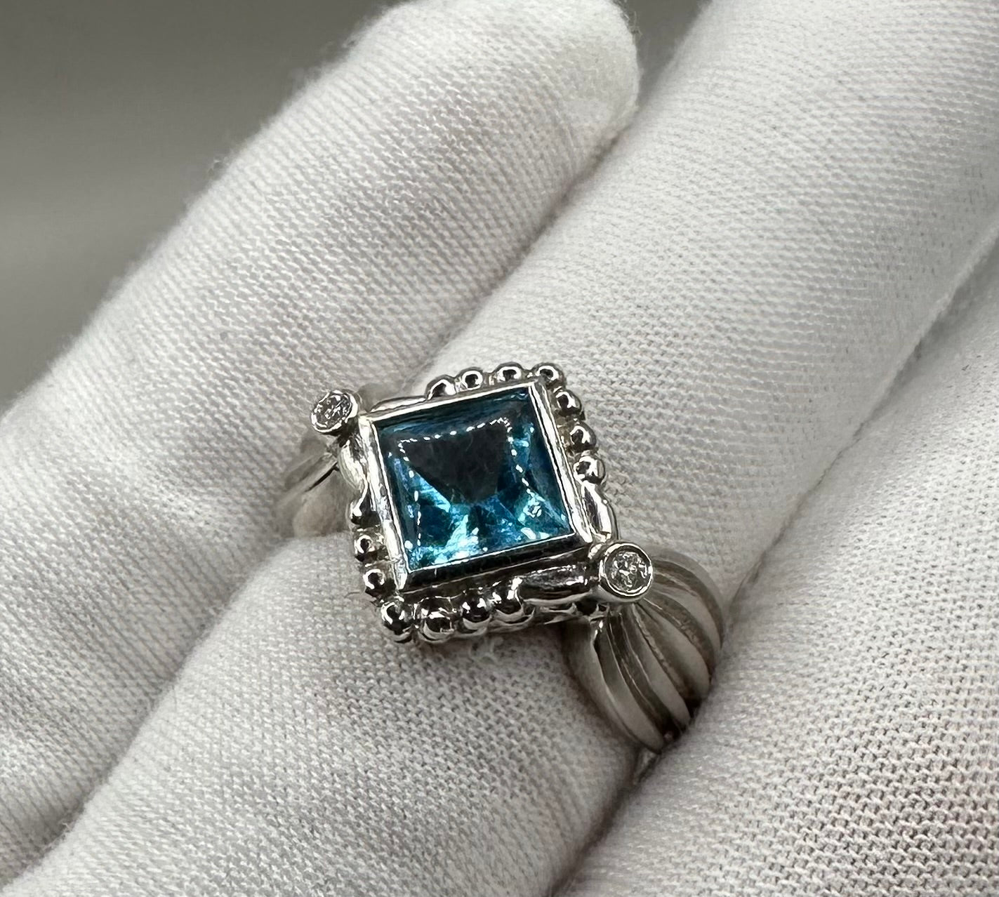Swiss Blue Topaz and Diamond white Gold Ring