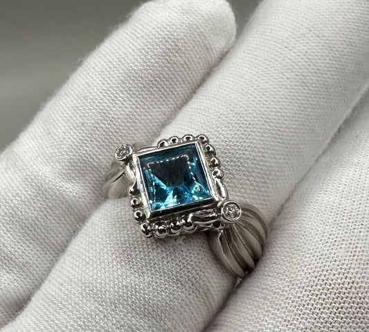 Swiss Blue Topaz and Diamond white Gold Ring
