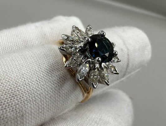 Flower Shaped Sapphire Diamond Yellow Gold Ring