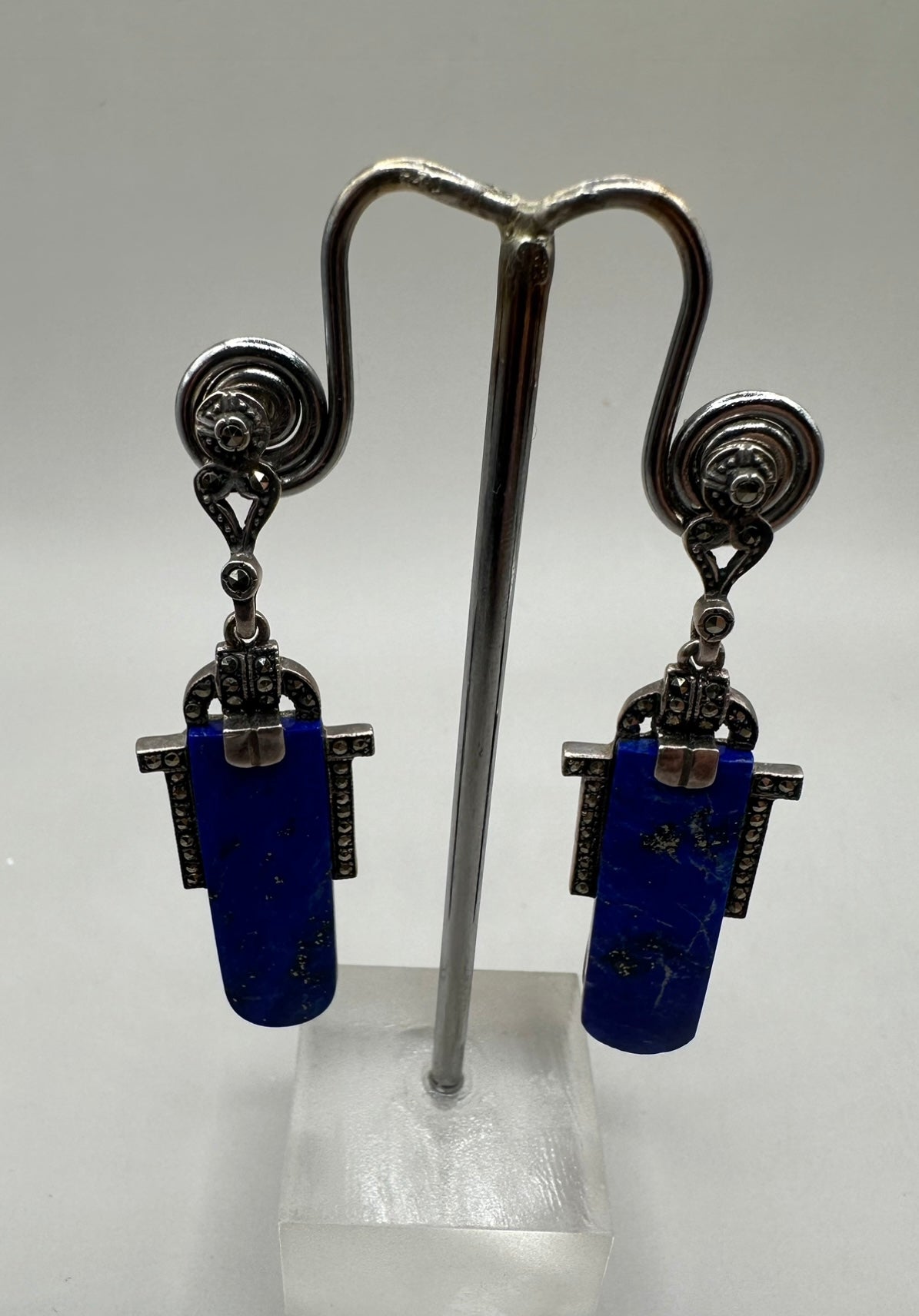 Art Deco Lapis Marquisette Silver Earrings