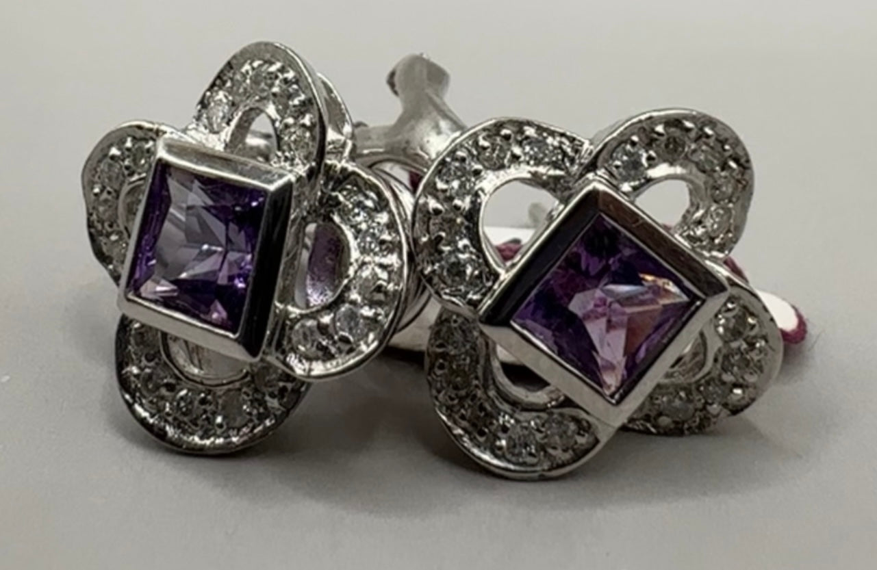 Amethyst and Diamond Studded White Gold Earrings