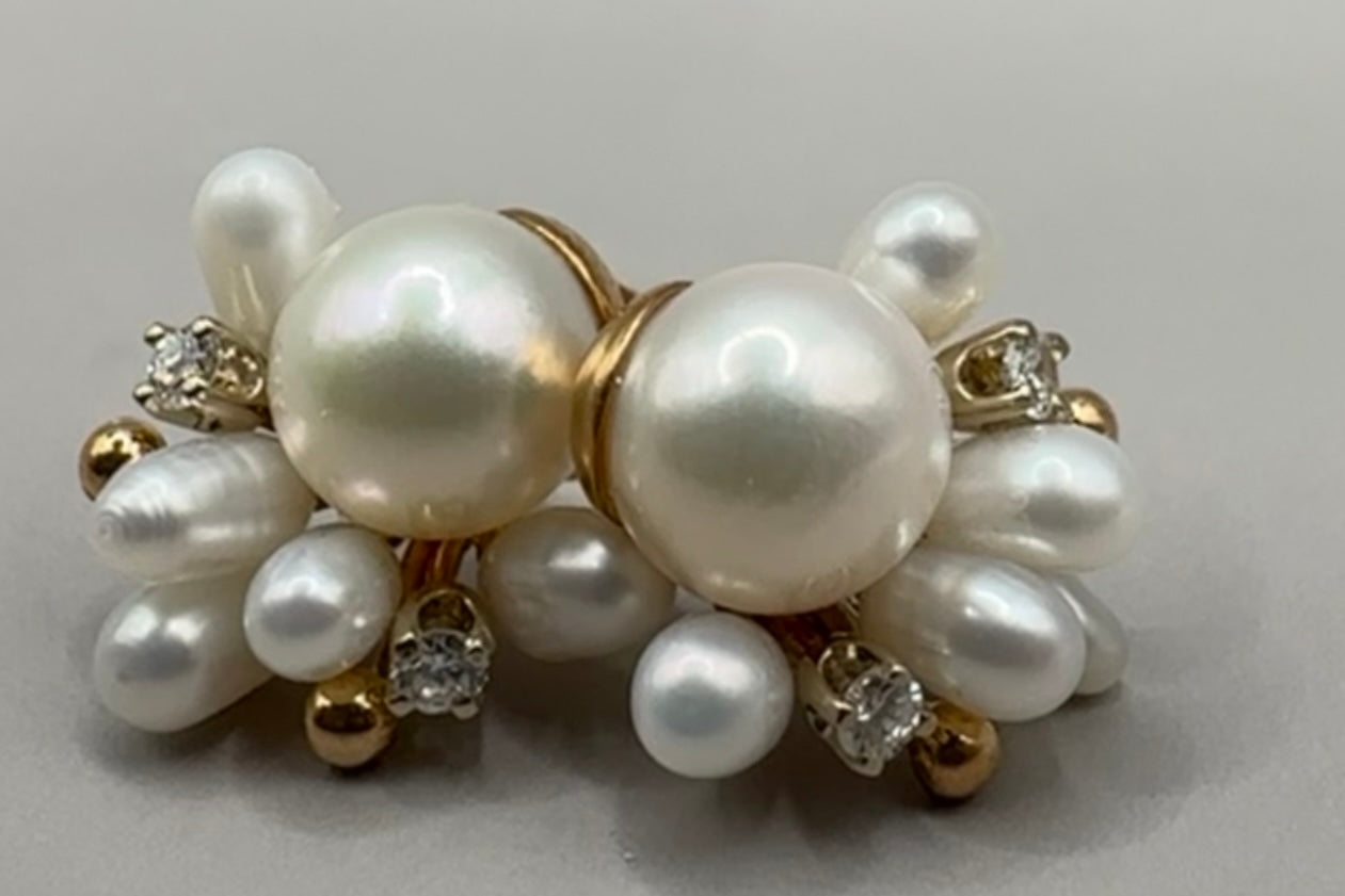 Cluster of Pearl and Diamond Studded Yellow Gold Earrings