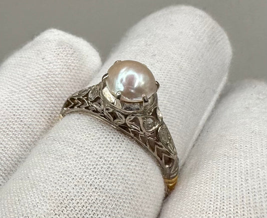 Pearl and Diamond Yellow Gold Silver Ring