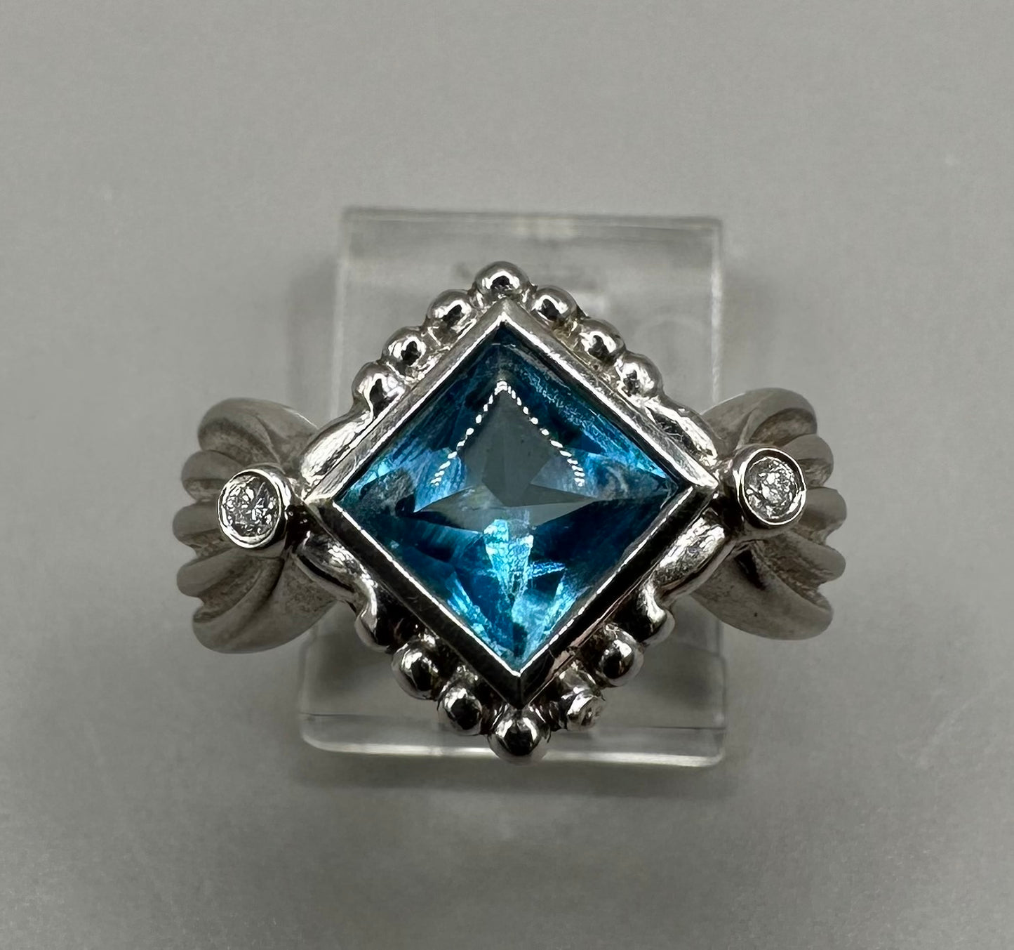 Swiss Blue Topaz and Diamond white Gold Ring