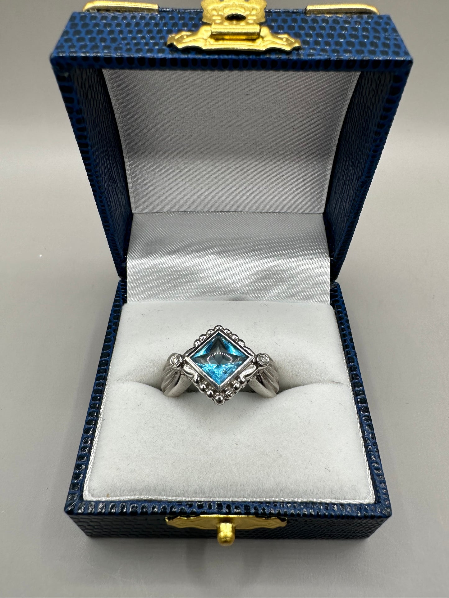 Swiss Blue Topaz and Diamond white Gold Ring